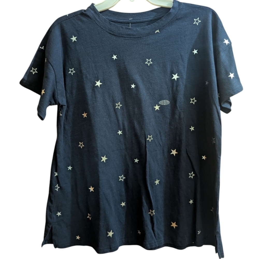 Maurices 24/7 Tee Shirt Sz Large Stars Navy Blue Crew Neck - Picture 2 of 8